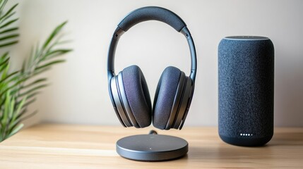 Poster - Headphones hanging on a minimalist stand with a smart home speaker nearby.