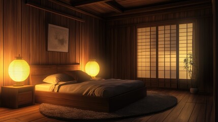Poster - Japanese-style bedroom with paper lantern lighting, wood panel walls, and a calming warm glow.
