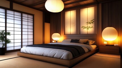 Poster - Japanese-style bedroom with paper lantern lighting, wood panel walls, and a calming warm glow.
