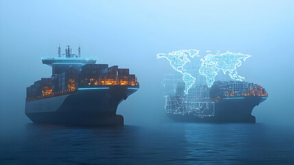 Poster - Pixelated Cargo Ship with Digital World Map Overlay on Blue Ocean Representing Global Trade and Technology
