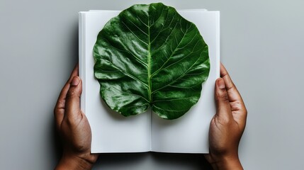 Poster - Leaf is on top of an open book. The leaf is green and the book is white. Concept of nature and the beauty of the outdoors