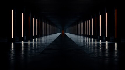 Aufkleber - Long hallway with a single light shining on the floor. The hallway is dark and empty. The light is the only source of illumination in the room