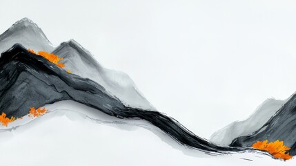 Leinwandbilder - Mountain range with a gray and black color scheme. The mountains are covered in trees and the trees are orange. The mountains are very tall and the trees are very small