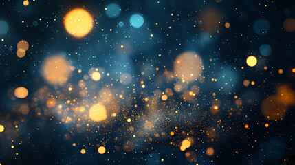 Wall Mural - Glowing particles floating in a dark blue background with golden bokeh lights, cosmic dust theme, abstract magic. Spectral Light. Illustration