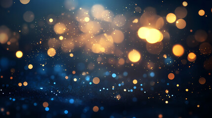 Wall Mural - Glowing particles floating in a dark blue background with golden bokeh lights, cosmic dust theme, abstract magic. Spectral Light. Illustration