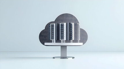 Poster - Cloud Computing Concept Metallic Server Rack Inside A Circuit Board Cloud On A Stand Against A Soft Blue White Gradient Background