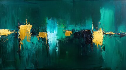 Aufkleber - Painting of a green and gold line with a blue background. The painting is abstract and has a lot of texture