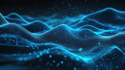 Poster - futuristic digital landscape with blue lines and dots creating waves and depth, gradient effect in d