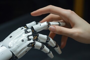 Poster - Human hand makes contact with robotic hand, initiating connection in advanced technology setting