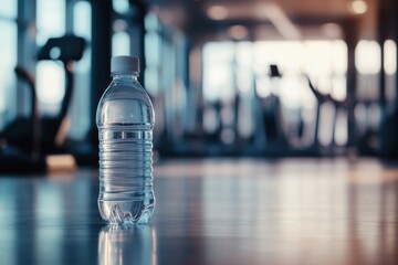 Poster - Clear water bottle stands prominently in a modern gym, emphasizing hydration and fitness goals during an active workout session