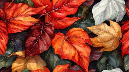 Aufkleber - Painting of autumn leaves with a variety of colors and textures. The leaves are arranged in a way that creates a sense of depth and movement. The overall mood of the painting is warm and inviting