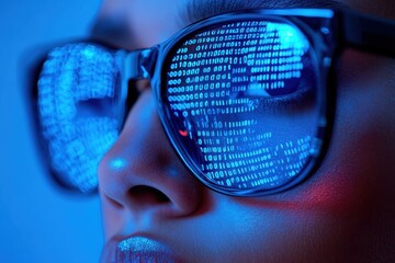 Poster - Program code reflected on programmer's glasses in a dimly lit workspace at night