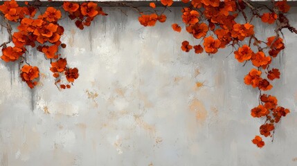 Poster - Painting of red flowers on a white background. The flowers are arranged in a way that they seem to be growing out of the wall. The painting has a serene and calming mood