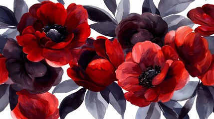 Aufkleber - Painting of red flowers with black stems. The flowers are arranged in a row and are surrounded by a white background. The painting has a bold and vibrant feel