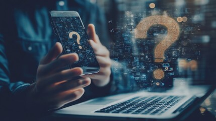Poster - Close up of hands using smartphone and laptop at desktop with blurry abstract question mark interface. Problem solving and faq concept. Double exposure
