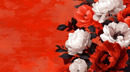 Aufkleber - Red and white flower arrangement with black stems. The flowers are arranged in a way that they are almost touching each other. The background is a red wall