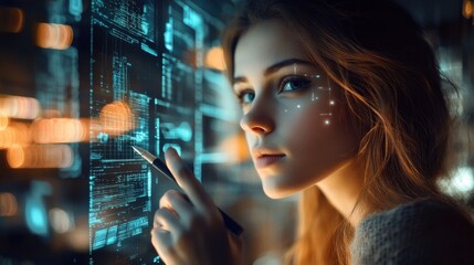Poster - Attractive young european woman drawing creative ai interface in blurry interior. Future and robotics concept. Double exposure.