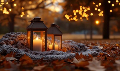 Wall Mural - Cozy autumn setup with glowing lanterns, scattered leaves, and a warm knitted blanket, illuminated by soft natural light for a serene seasonal vibe