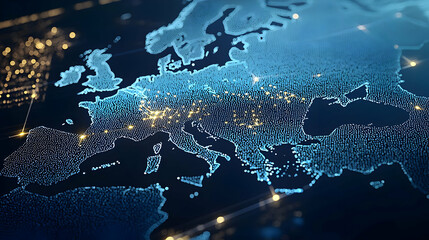 Poster - Illuminated 3D Europe Map With Grid Lines and Glowing Blue Data Points on Dark Background Representing Network Connections
