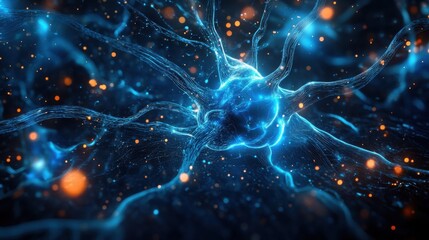 Poster - modern dynamic blue neuron plasma energy laser. futuristic virtual technology wallpaper, digitally g