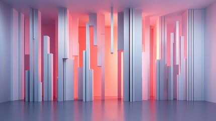 Poster - Room with white walls and pink lights. The room is empty and has a futuristic feel to it