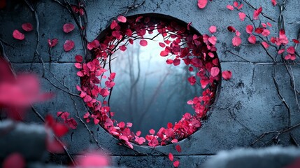 Aufkleber - Round hole in a wall with red leaves surrounding it. The leaves are in various sizes and are scattered around the hole. The image has a serene and peaceful mood