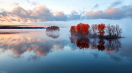 Aufkleber - Serene lake with a foggy sky and trees in the background. The trees are orange and the water is calm