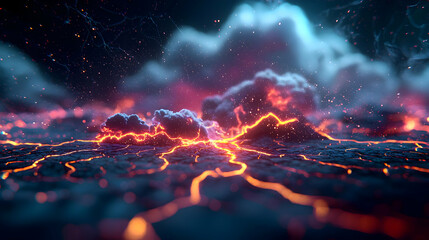 Poster - Abstract digital network landscape with glowing lines clouds and vibrant light effects