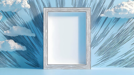 Poster - White Frame Against Blue Sky and Cloud Pattern on Walls in Minimalist 3D Rendered Digital Art