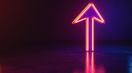 Poster - A vibrant neon arrow ascends, its glow reflecting on a dark, glossy surface. The upward trajectory suggests growth and progress.