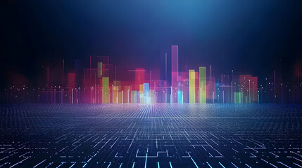 Poster - Futuristic Cityscape With Glowing Colorful Buildings At Night In Digital Abstract Technology Background With Circuit Board Pattern