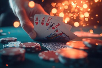 Fototapete - Dramatic moment at the poker table with a royal flush amidst glowing casino lights and scattered chips
