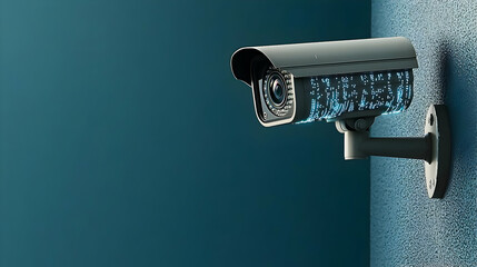 Poster - Modern Security Camera Mounted On Teal Wall Technology And Surveillance For Home Office Or Commercial Use