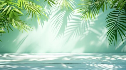Aufkleber - Wall with a green background and a large palm tree in the foreground. The palm tree is surrounded by leaves and the wall is white. The image has a tropical feel to it