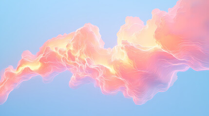 Wall Mural - A luminous cloud composed of pink and orange glowing lines drifts in the sky, set against a light blue gradient background, creating an ethereal and futuristic landscape. Aurora Drift. Illustration
