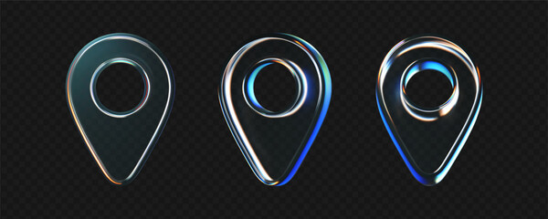 Wall Mural - 3d glass location pin icons set with refraction, holographic effect isolated on dark background. ren