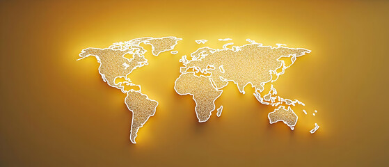 Poster - Illuminated World Map With Golden Light On A Yellow Background Representing Global Connectivity
