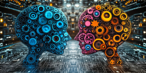 Poster - Digital Collaboration: Human Head Silhouettes with Interlocking Gears Symbolizing Creative Technology and Innovation