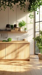 Poster - Golden sunlight streams through large windows, illuminating a cozy kitchen adorned with potted plants and wooden cabinetry. Fresh herbs linger on the countertop, inviting culinary creativity