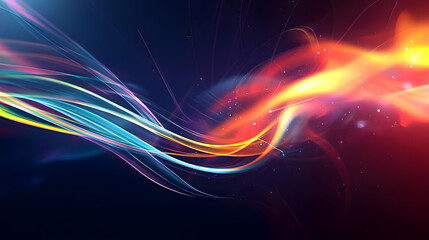 Poster - Vibrant Abstract Light Trails Flowing Across Dark Background With Colorful Glowing Effect and Dynamic Swirling Motion in Digital Art Style
