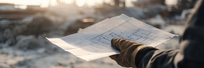 Fototapete - Hand in a safety glove holds a construction blueprint at a busy construction site during late afternoon hours
