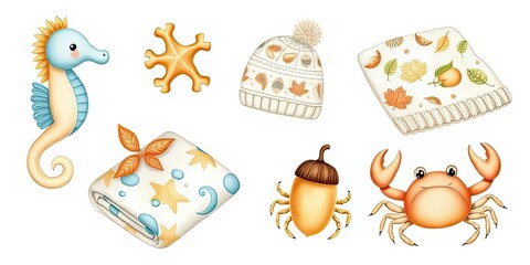  Cute Autumn Ocean Animals Winter Hat Cozy Towels Illustration