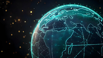 Poster - Rotating Holographic Teal Blue Green Earth Globe With Glowing Grid Lines Network Against Dark Background