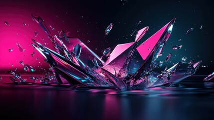 Poster - Shimmering shards scatter through water, reflecting shades of pink and blue. The explosion captivates with dynamic movement, emphasizing energy and beauty