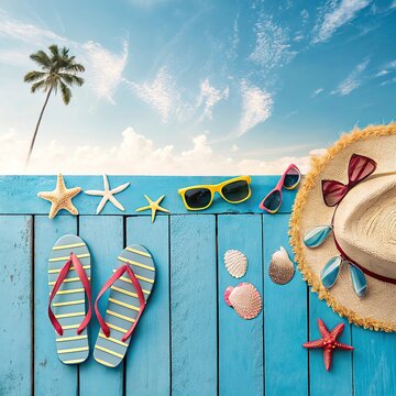 Hello Summer lettering with shells and palm leaves on sand background.,Beach accessories on blue wooden background. 
