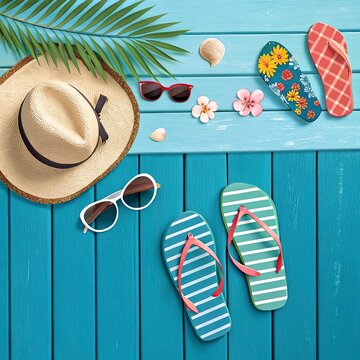 Hello Summer lettering with shells and palm leaves on sand background.,Beach accessories on blue wooden background. 