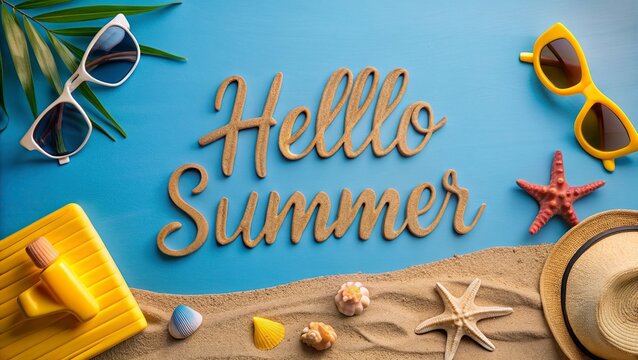 Hello Summer lettering with shells and palm leaves on sand background.,Beach accessories on blue wooden background. 