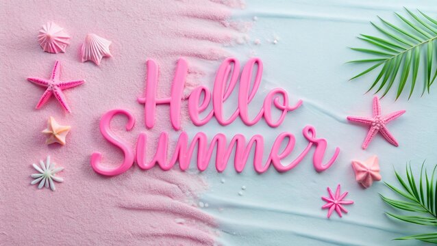 Hello Summer lettering with shells and palm leaves on sand background.,Beach accessories on blue wooden background. 
