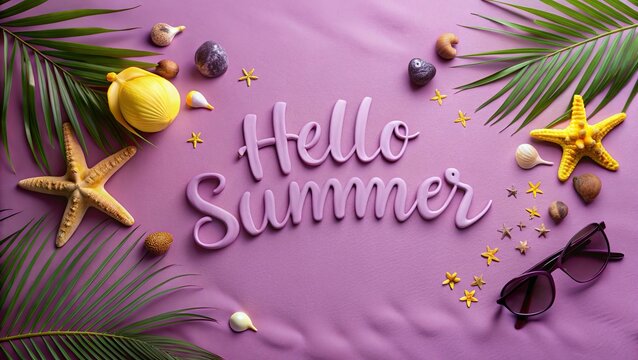 Hello Summer lettering with shells and palm leaves on sand background.,Beach accessories on blue wooden background. 