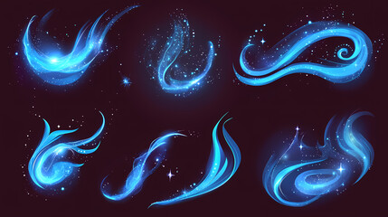 Wall Mural - Mystical sapphire blue light effect vector set with swirls and stardust on dark burgundy background. Sapphire Shimmer. Illustration